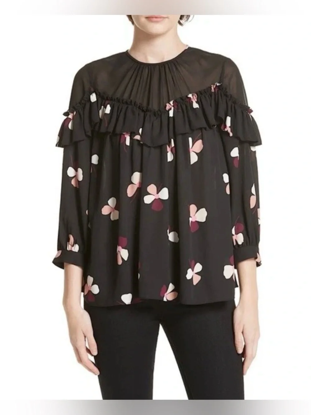 Kate Spade New York Live Colorfully Floral Dusk Buds Ruffle Blouse Size M